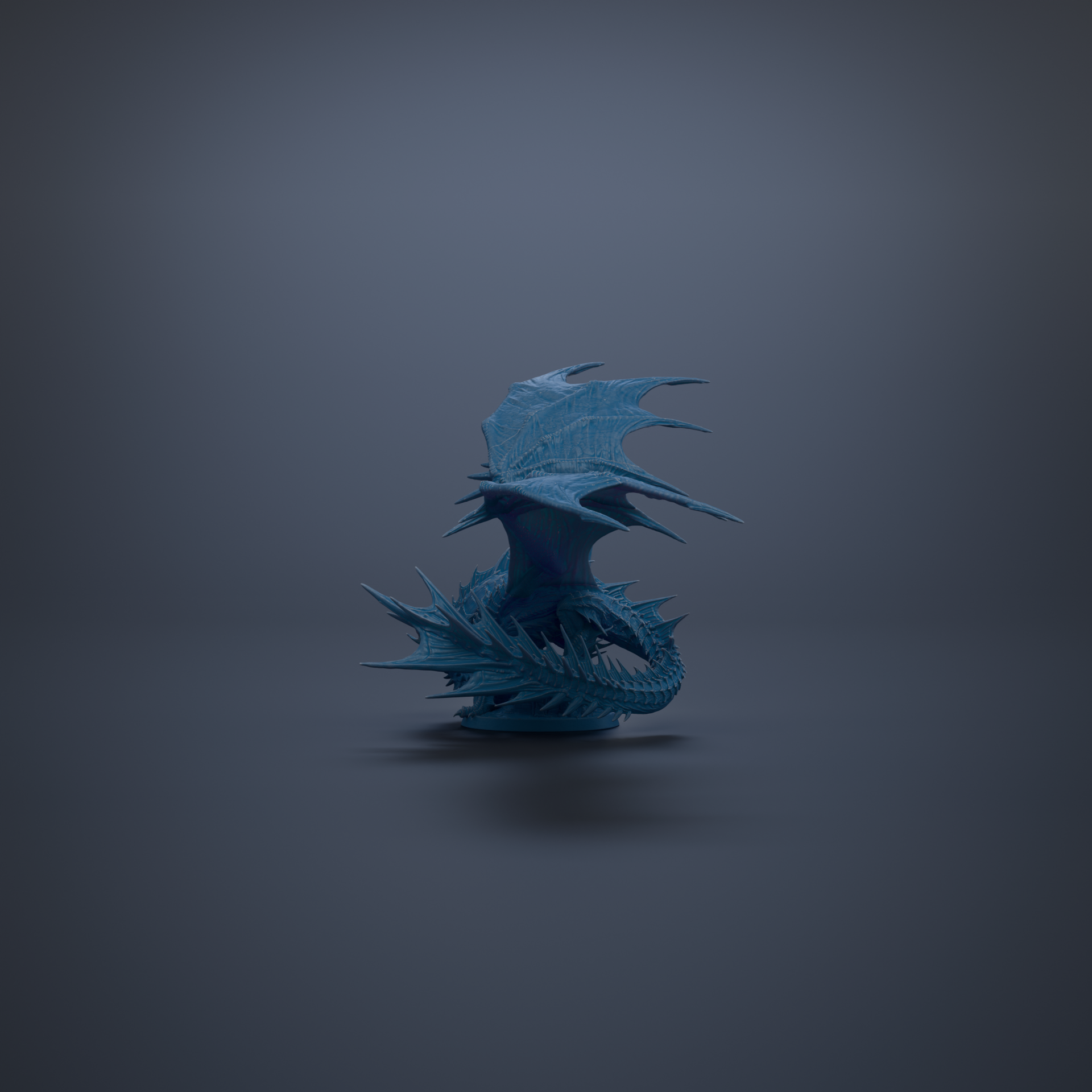 A blue dragon-like creature with sharp, pointed features stands alone against a dark background.