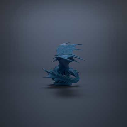 A blue dragon-like creature with sharp, pointed features stands alone against a dark background.