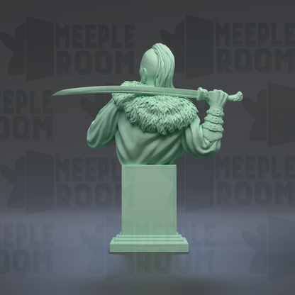 A green statue of a person holding a sword, wearing a fur-trimmed jacket, against a dark background with repeated text.