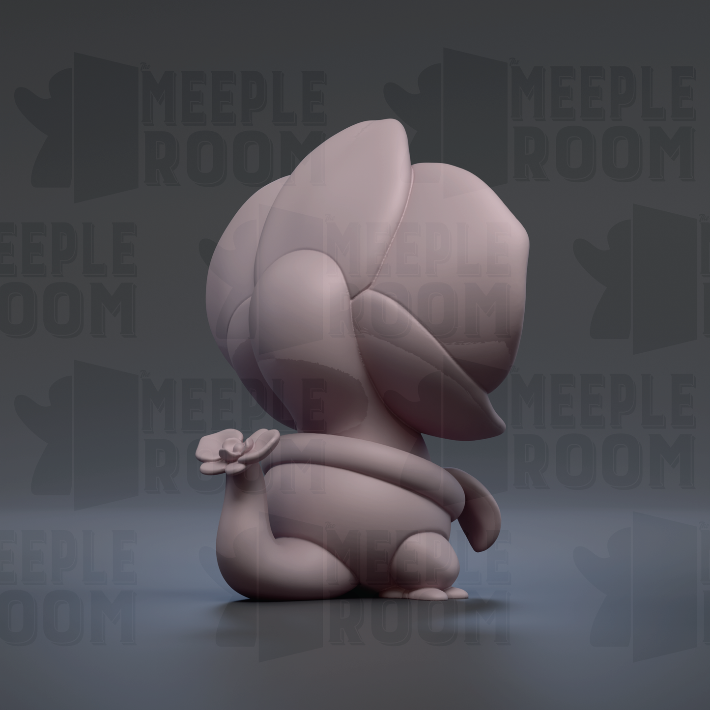 A 3D rendering of a small, abstract figure with a flower-like shape on its head, sitting on its knees against a dark background with repeated text.