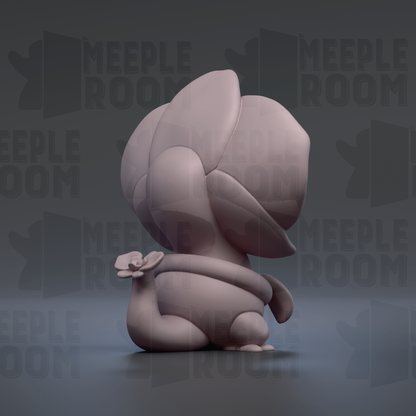 A 3D rendering of a small, abstract figure with a flower-like shape on its head, sitting on its knees against a dark background with repeated text.