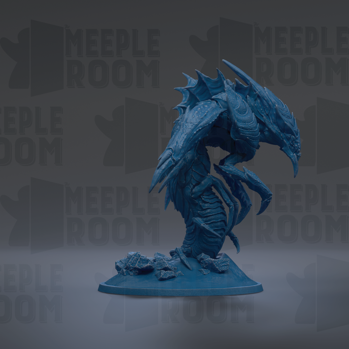 A blue, 3D-rendered creature resembling a dragon or sea monster is displayed against a dark background with repeated text.