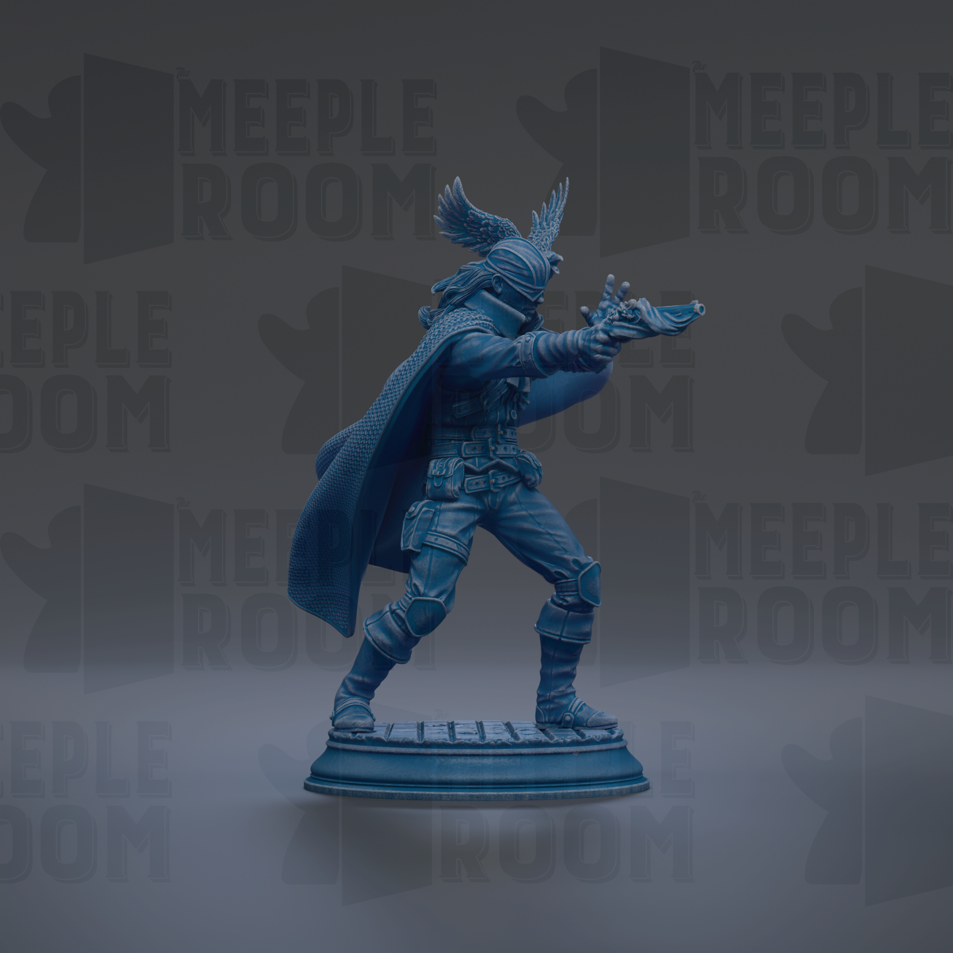 A blue statue of a winged figure holding a shield, standing on a pedestal against a dark background with repeated text.