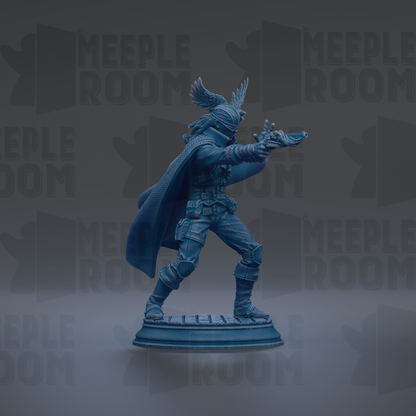 A blue statue of a winged figure holding a shield, standing on a pedestal against a dark background with repeated text.