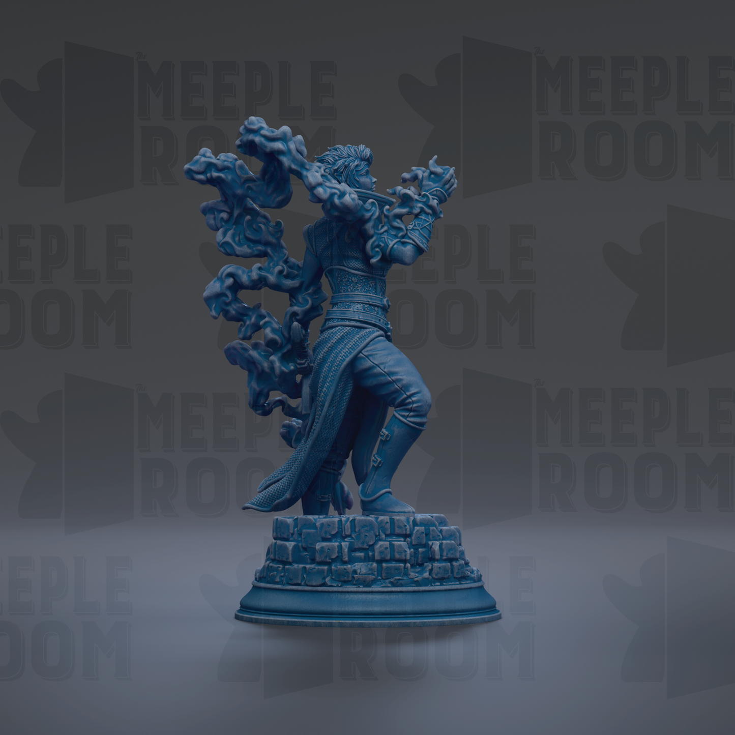 A blue statue of a person with flowing hair and a flowing cape, standing on a pedestal and holding a staff.