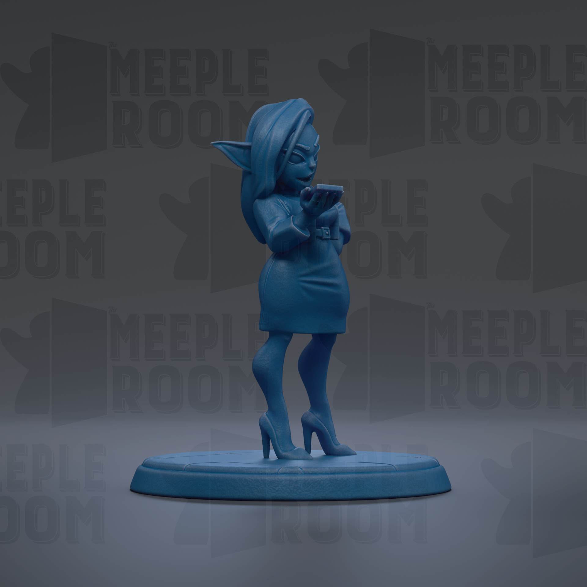 A blue figurine of a woman with long hair and a dress stands on a blue base, holding a small object in her hand.