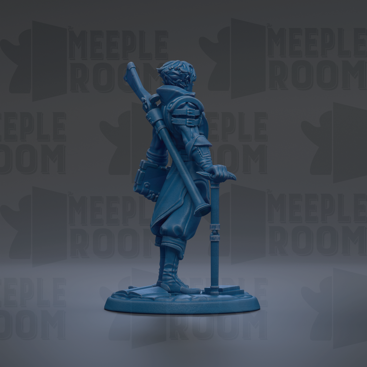 A blue figurine of a person standing with a sword in their right hand and a shield in their left hand, against a dark background with repeated text.