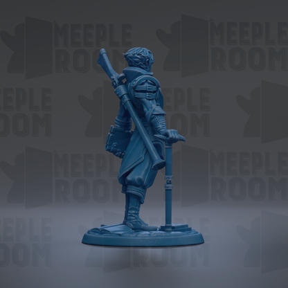 A blue figurine of a person standing with a sword in their right hand and a shield in their left hand, against a dark background with repeated text.