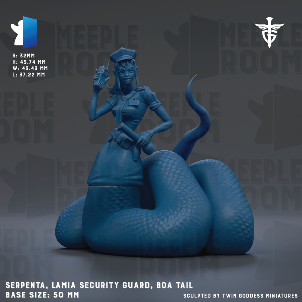 a statue of a security guard with a boa tail, wearing a uniform and holding a weapon. The statue is in a blue color and is shown in a 3D rendering. The base size of the statue is 50mm.
