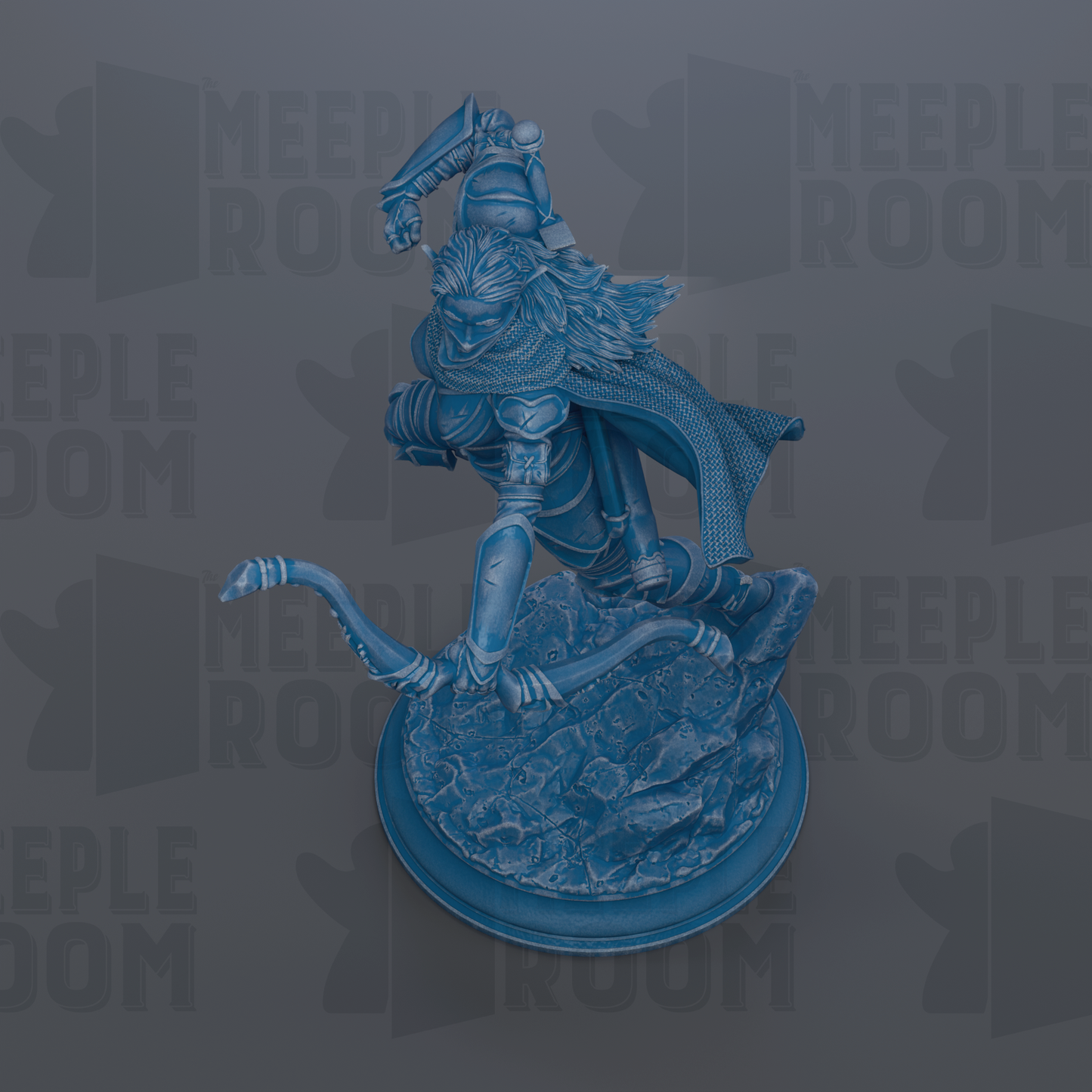 A 3D rendering of a blue, armored figure with a long cape, standing on a rocky surface.