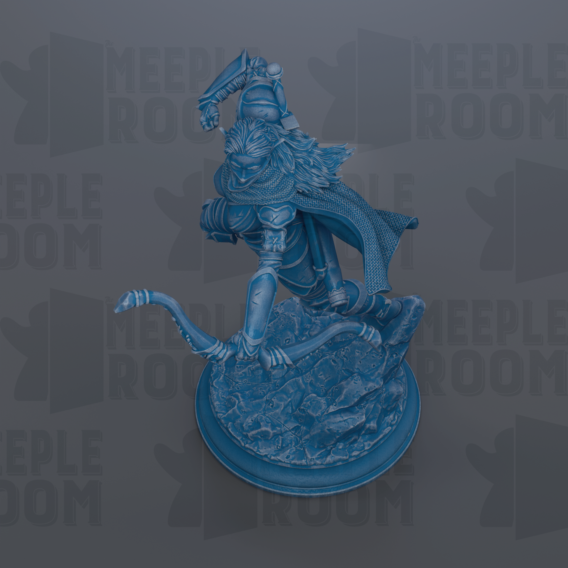 A 3D rendering of a blue, armored figure with a long cape, standing on a rocky surface.