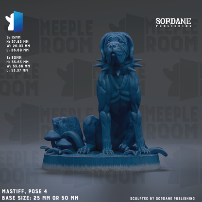 The image is a 3D rendering of a blue dog statue, specifically a mastiff, posed on a base. The statue is shown in a crouching position, with its front legs resting on a rock formation. The base of the statue is described as either 25 mm or 50 mm in size. The image is published by Sordane Publishing.