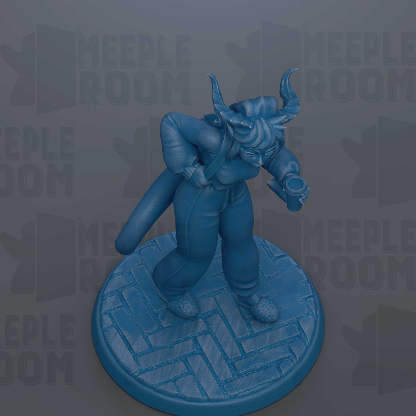 A blue figurine of a person with horns, wearing a jacket and holding a cup, standing on a blue platform with a geometric pattern.