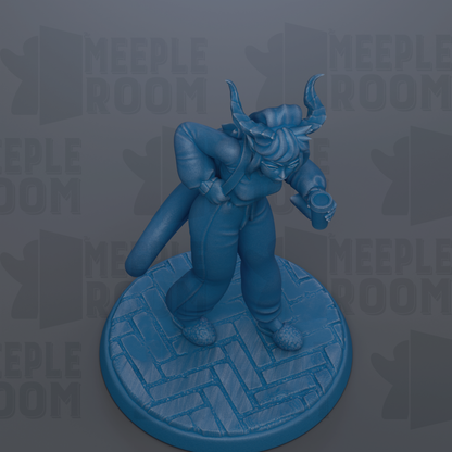 A blue figurine of a person with horns, wearing a jacket and holding a cup, standing on a blue platform with a geometric pattern.
