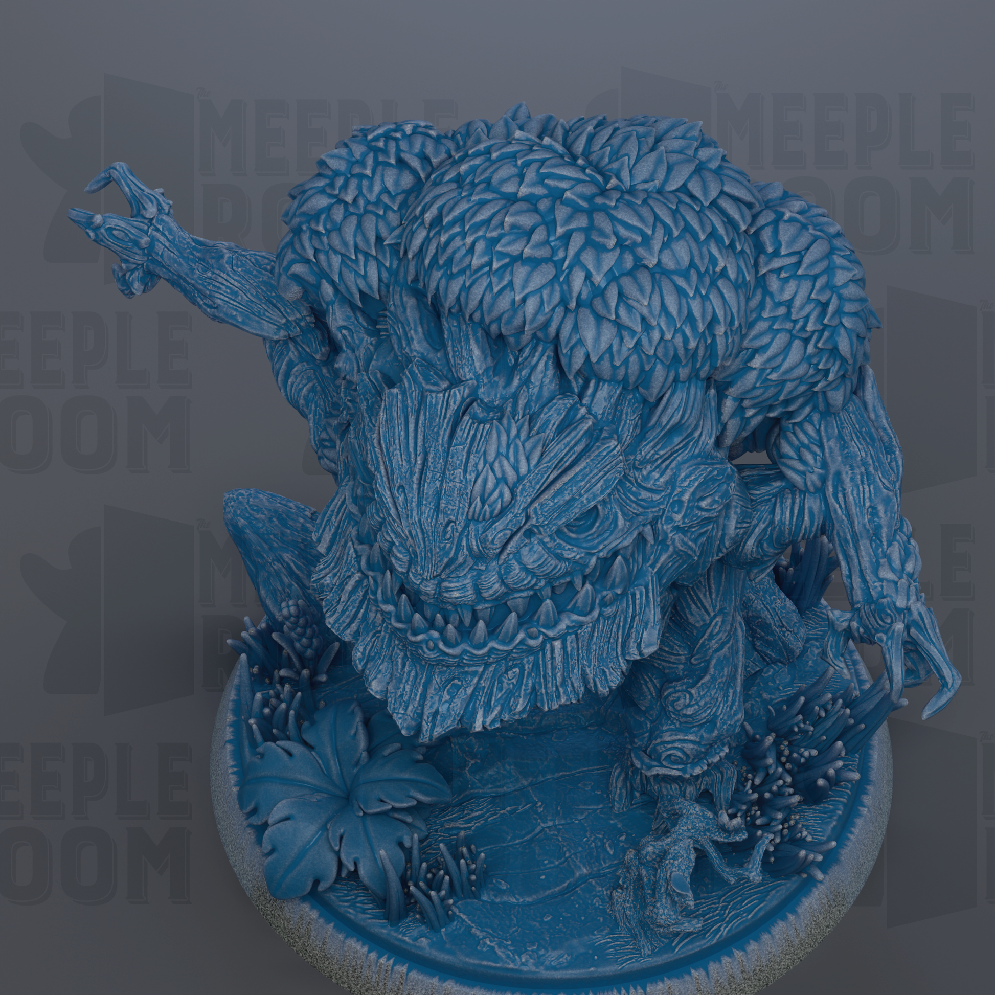 A detailed 3D rendering of a fantastical creature with intricate, textured patterns and features, including a large head, sharp teeth, and a long, curved tail.