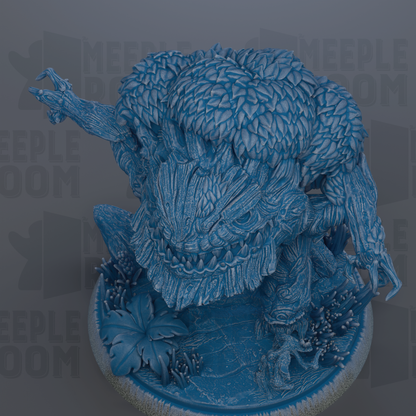 A detailed 3D rendering of a fantastical creature with intricate, textured patterns and features, including a large head, sharp teeth, and a long, curved tail.