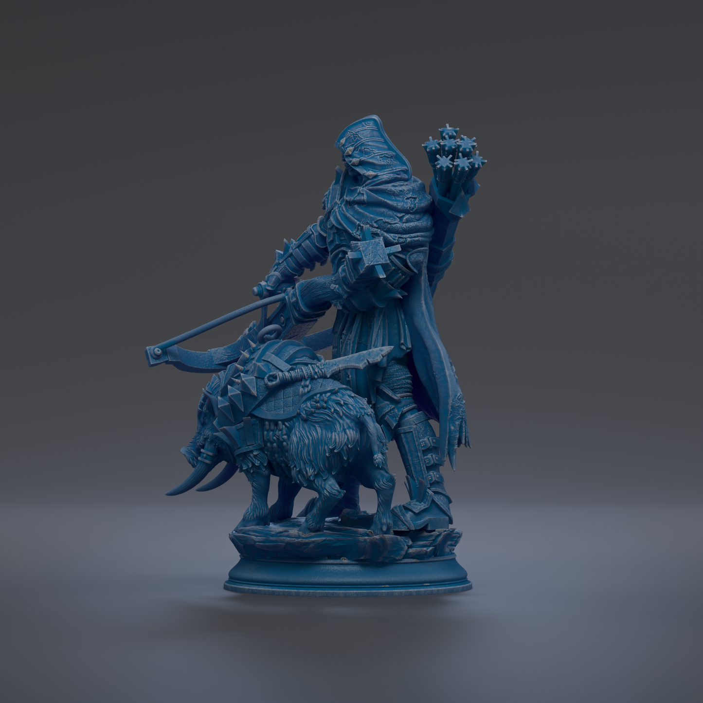 A blue statue of a warrior standing on a pedestal, holding a shield and a spear, with a large animal, possibly a dragon or a wolf, in front of him.