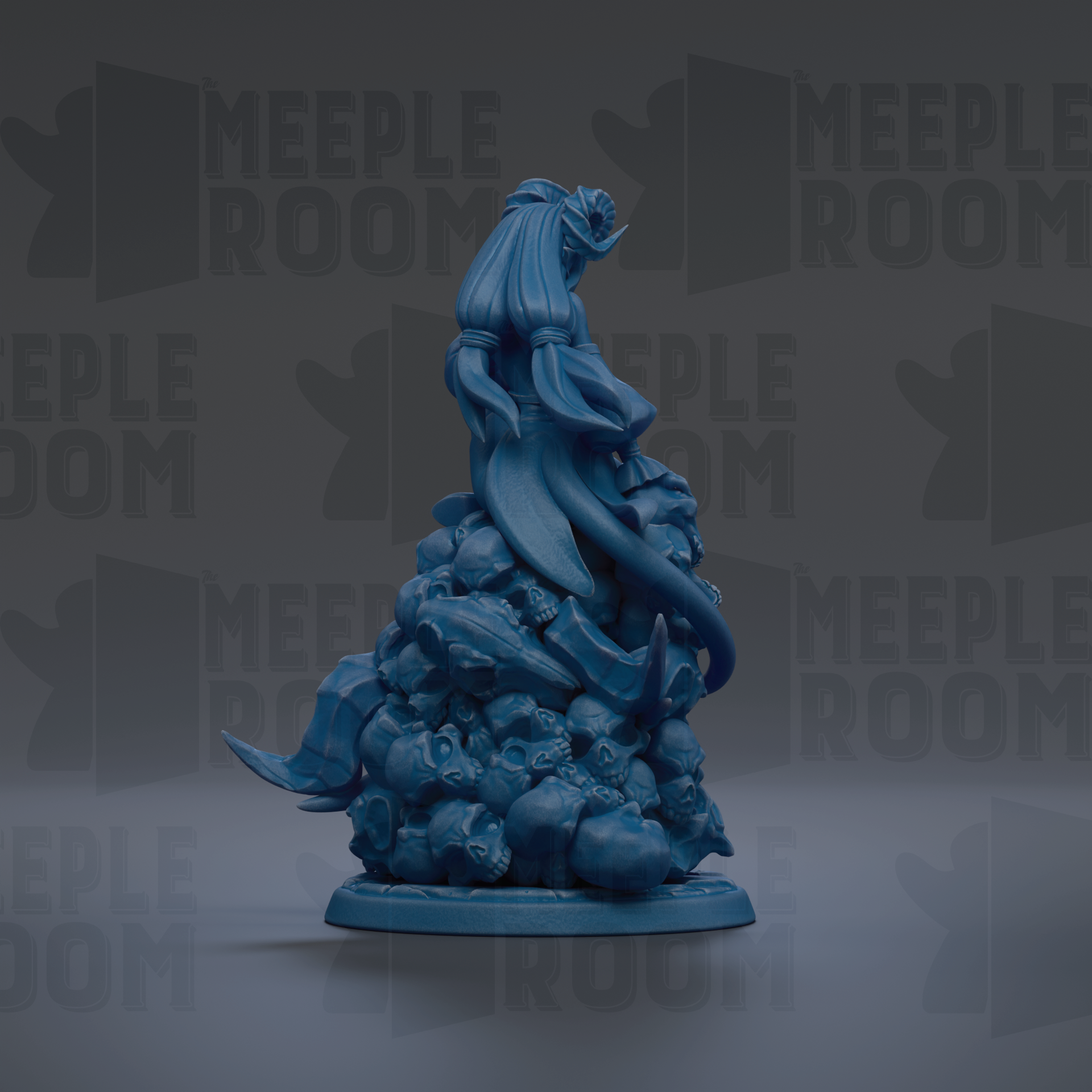 A blue figurine of a woman with long hair and a flower in her hair, standing on a pile of skulls and bones.
