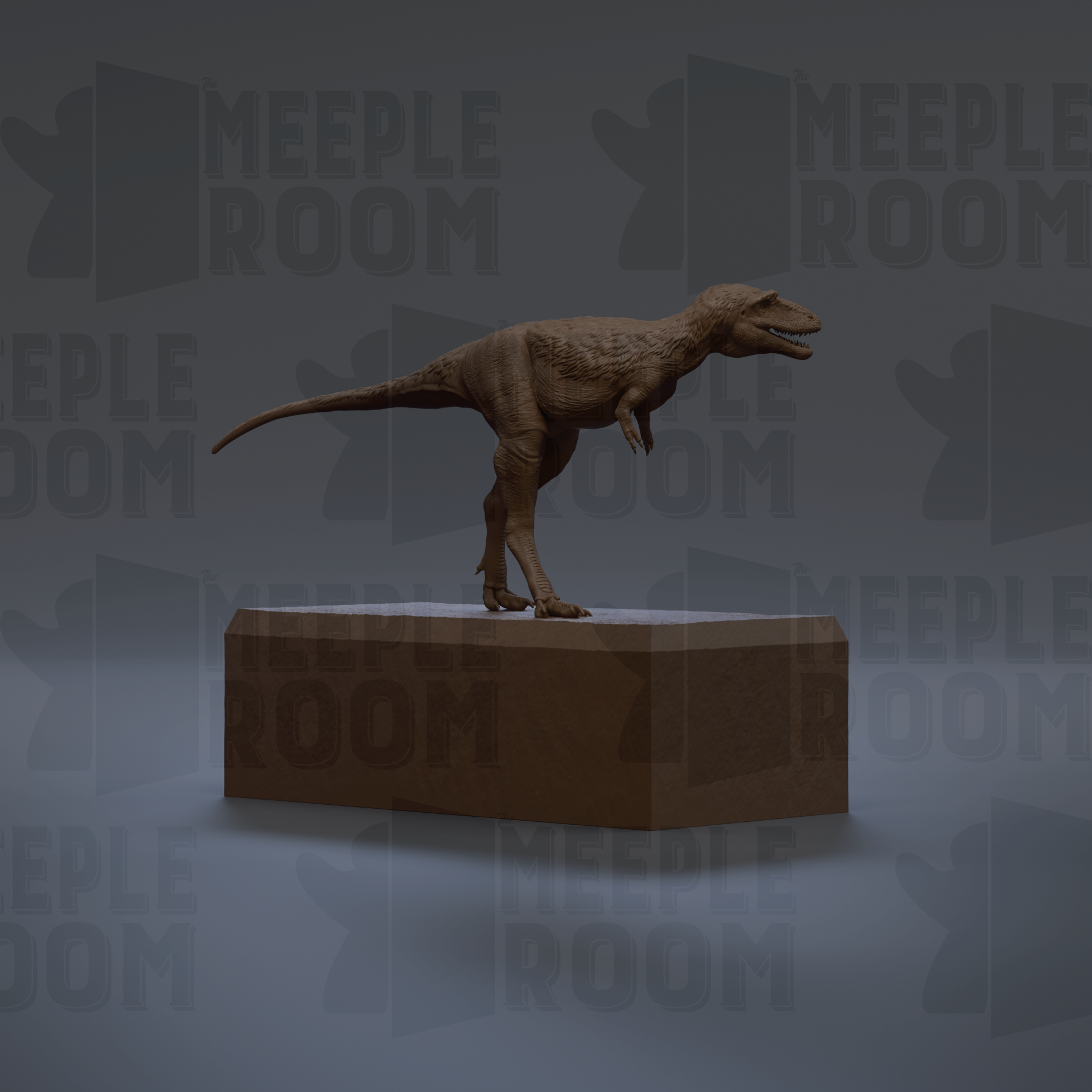 A 3D rendering of a T-Rex dinosaur statue standing on a platform.