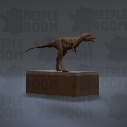 A 3D rendering of a T-Rex dinosaur statue standing on a platform.