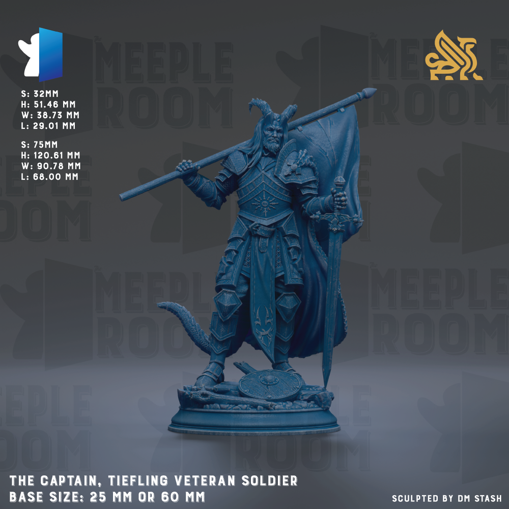 a blue statue of a tiefling veteran soldier, standing on a base size of 25 mm or 60 mm.