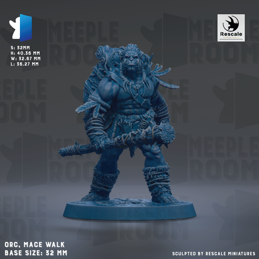 a large, detailed figurine of a warrior-like character, likely a fantasy or science fiction character, standing in a fighting stance with a weapon in hand. The figurine is described as a "base size: 32mm" and "mace walk" and is shown against a dark background with the text "MEEPLE ROOM" repeated multiple times. The image is a collage of multiple images, and the phrase "Sculpted by RESCALE MINIATURES" is mentioned at the bottom.