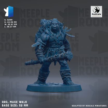 a large, detailed figurine of a warrior-like character, likely a fantasy or science fiction character, standing in a fighting stance with a weapon in hand. The figurine is described as a "base size: 32mm" and "mace walk" and is shown against a dark background with the text "MEEPLE ROOM" repeated multiple times. The image is a collage of multiple images, and the phrase "Sculpted by RESCALE MINIATURES" is mentioned at the bottom.