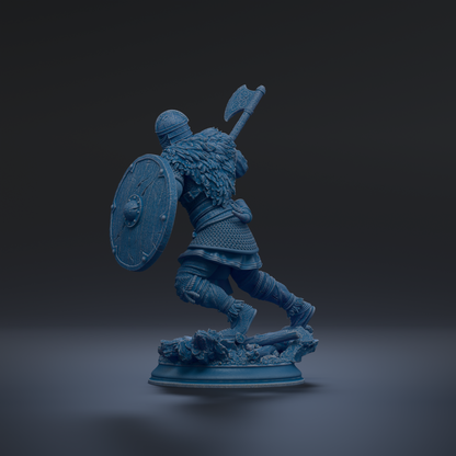 A blue statue of a warrior figure holding a shield and sword, standing on a base and facing to the right.