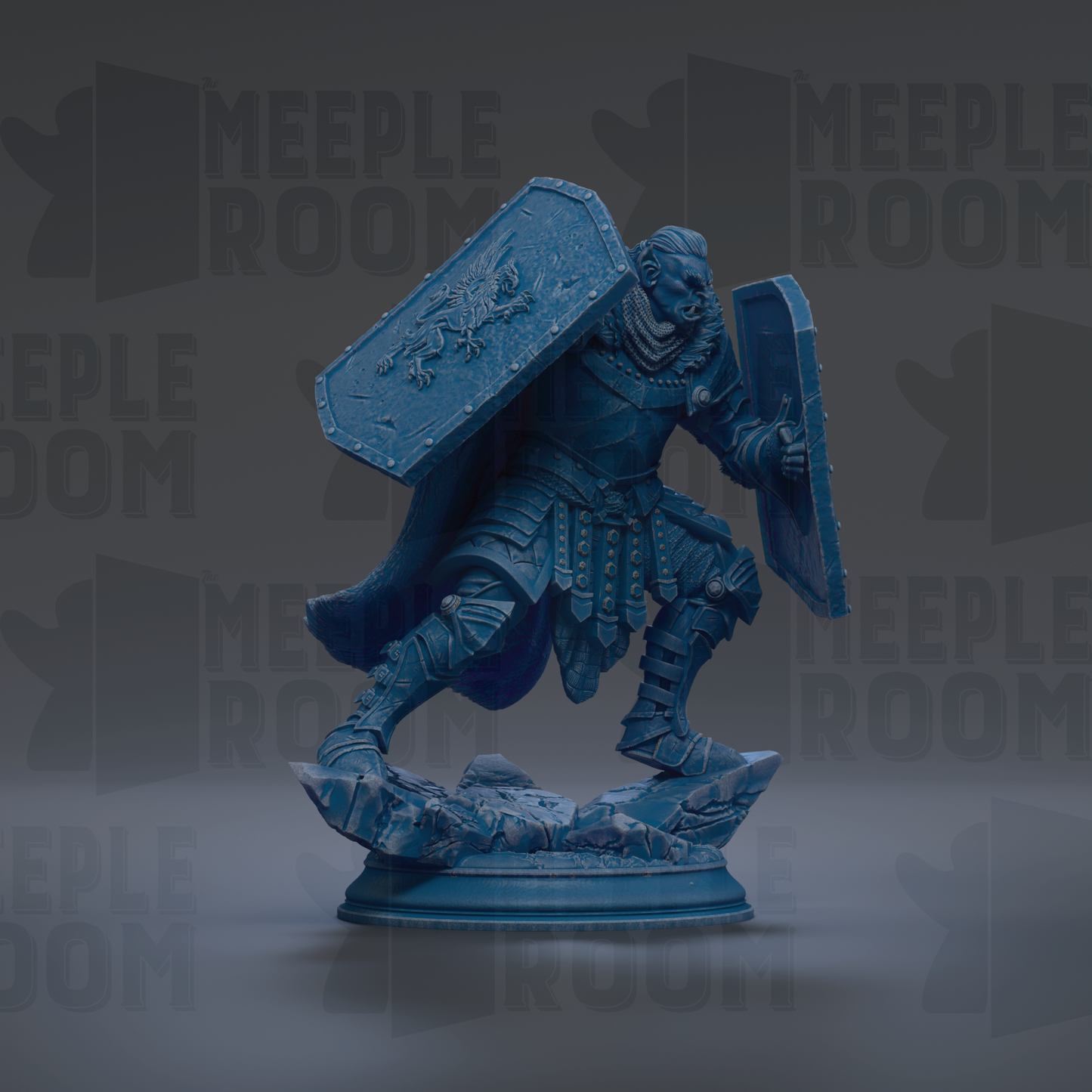 A blue statue of a warrior figure holding a shield and sword, standing on a pedestal.