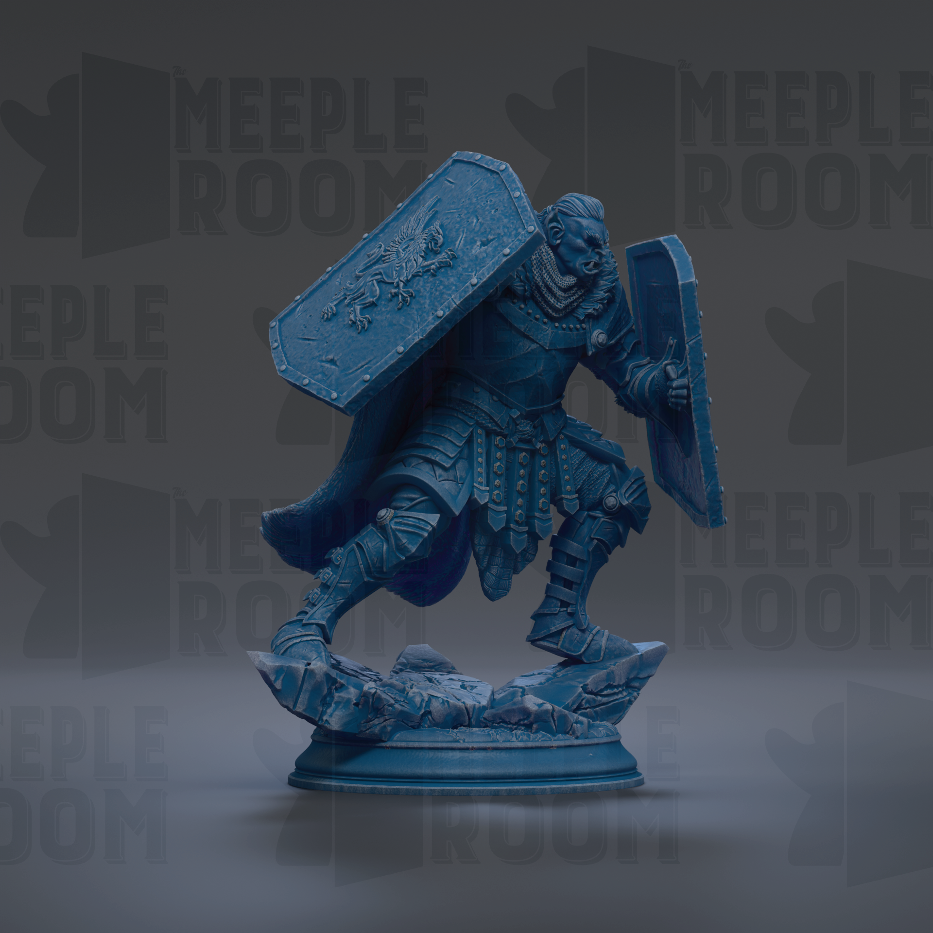 A blue statue of a warrior figure holding a shield and sword, standing on a pedestal.