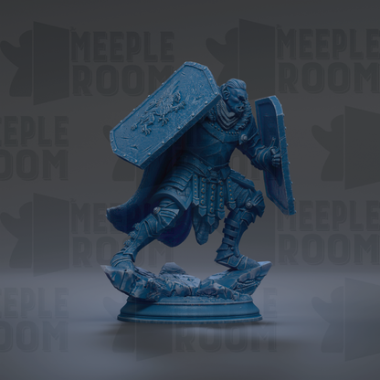 A blue statue of a warrior figure holding a shield and sword, standing on a pedestal.