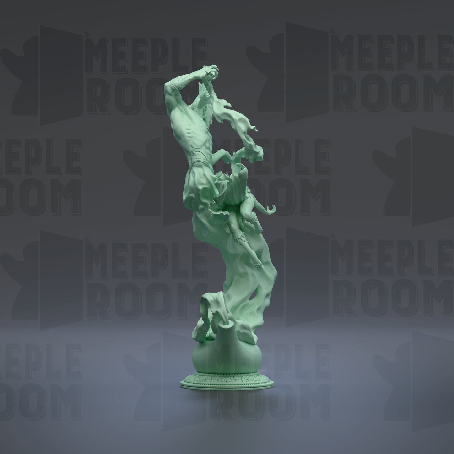 A green statue of a person with flowing hair and a flowing garment, standing on a pedestal against a dark background with repeated text.