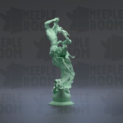 A green statue of a person with flowing hair and a flowing garment, standing on a pedestal against a dark background with repeated text.