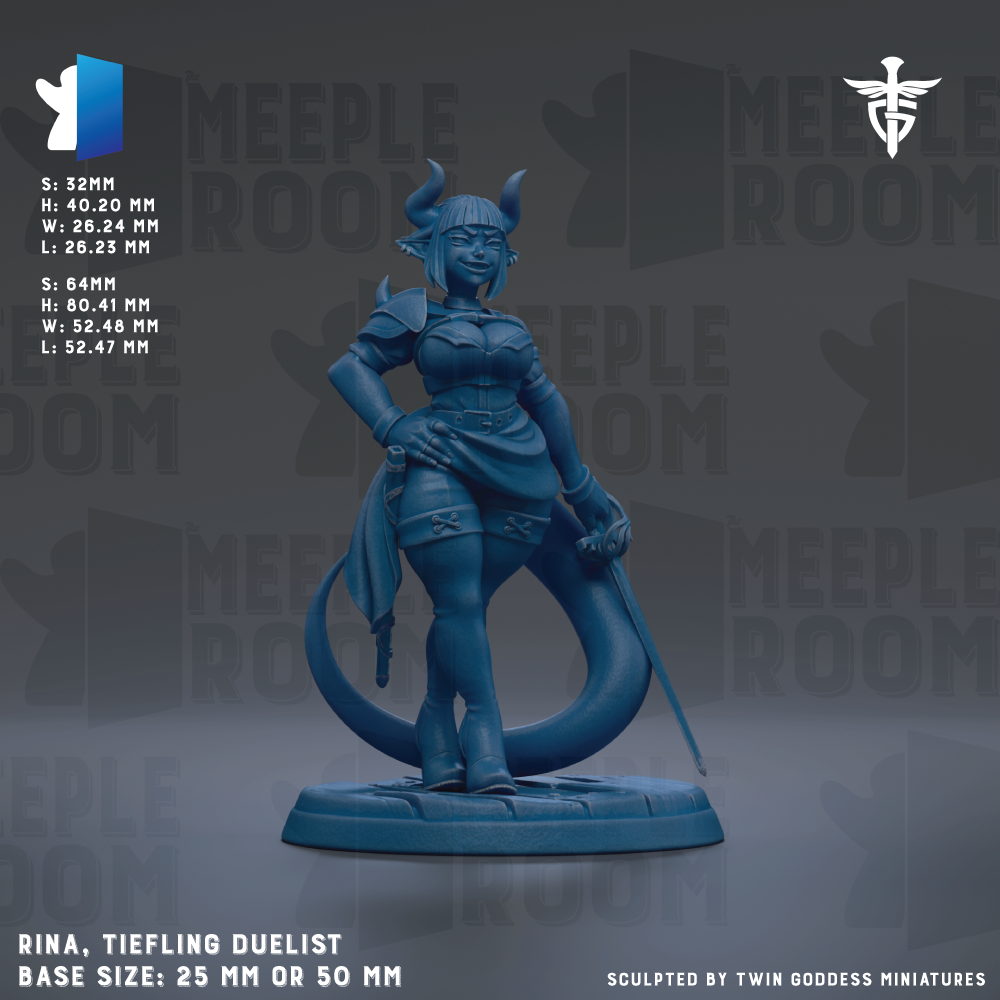 The image is a detailed 3D rendering of a female character, specifically a Tiefling duelist, with a blue color scheme. The character is standing on a base and holding a sword. The image is labeled with the name "RINA" and the base size, which is either 25mm or 50mm. The image is described as a "collage of multiple images" and is "sculpted by Twin Goddess miniatures".