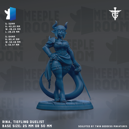 The image is a detailed 3D rendering of a female character, specifically a Tiefling duelist, with a blue color scheme. The character is standing on a base and holding a sword. The image is labeled with the name "RINA" and the base size, which is either 25mm or 50mm. The image is described as a "collage of multiple images" and is "sculpted by Twin Goddess miniatures".