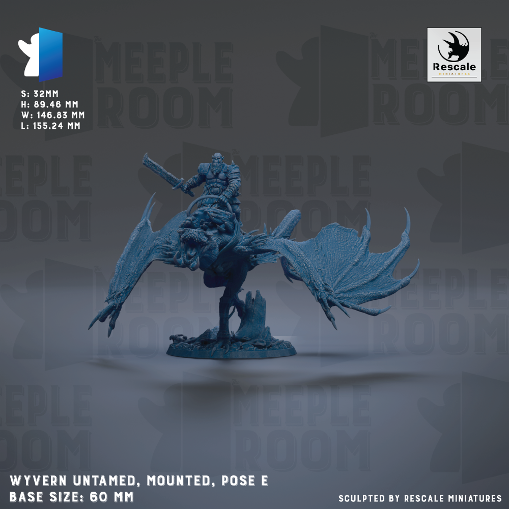 The image is a 3D rendering of a mounted fantasy creature, possibly a dragon or mythical beast, with a human figure riding on its back. The creature is shown in a pose, with wings spread out, and the background is a dark, moody color. The image is described as "Wyvern Untamed, Mounted, Pose E" and is labeled as a base size of 60 mm. The image is described as a "collage of multiple images" and is "sculpted by Rescue miniatures".