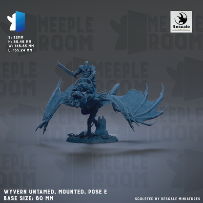 The image is a 3D rendering of a mounted fantasy creature, possibly a dragon or mythical beast, with a human figure riding on its back. The creature is shown in a pose, with wings spread out, and the background is a dark, moody color. The image is described as "Wyvern Untamed, Mounted, Pose E" and is labeled as a base size of 60 mm. The image is described as a "collage of multiple images" and is "sculpted by Rescue miniatures".