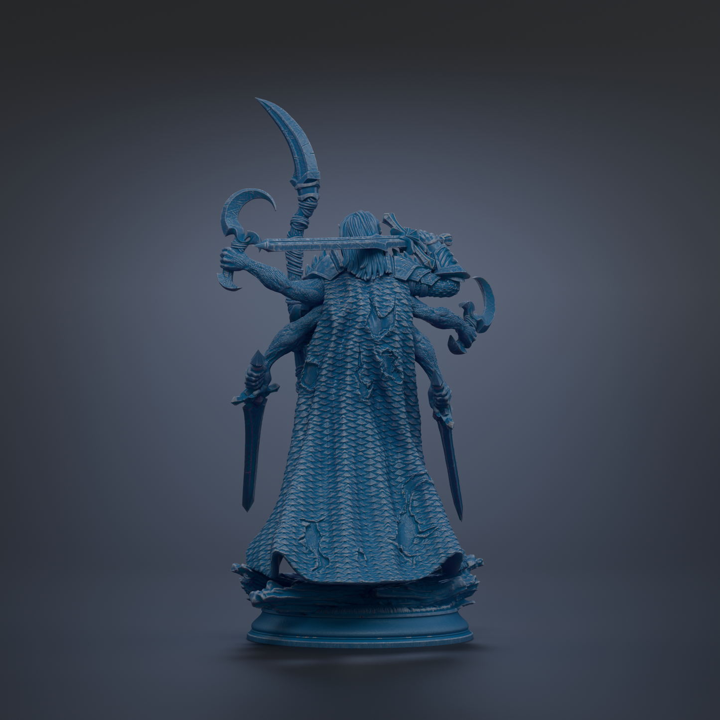 A blue, 3D-rendered statue of a figure with multiple arms and weapons, standing on a pedestal against a dark background.