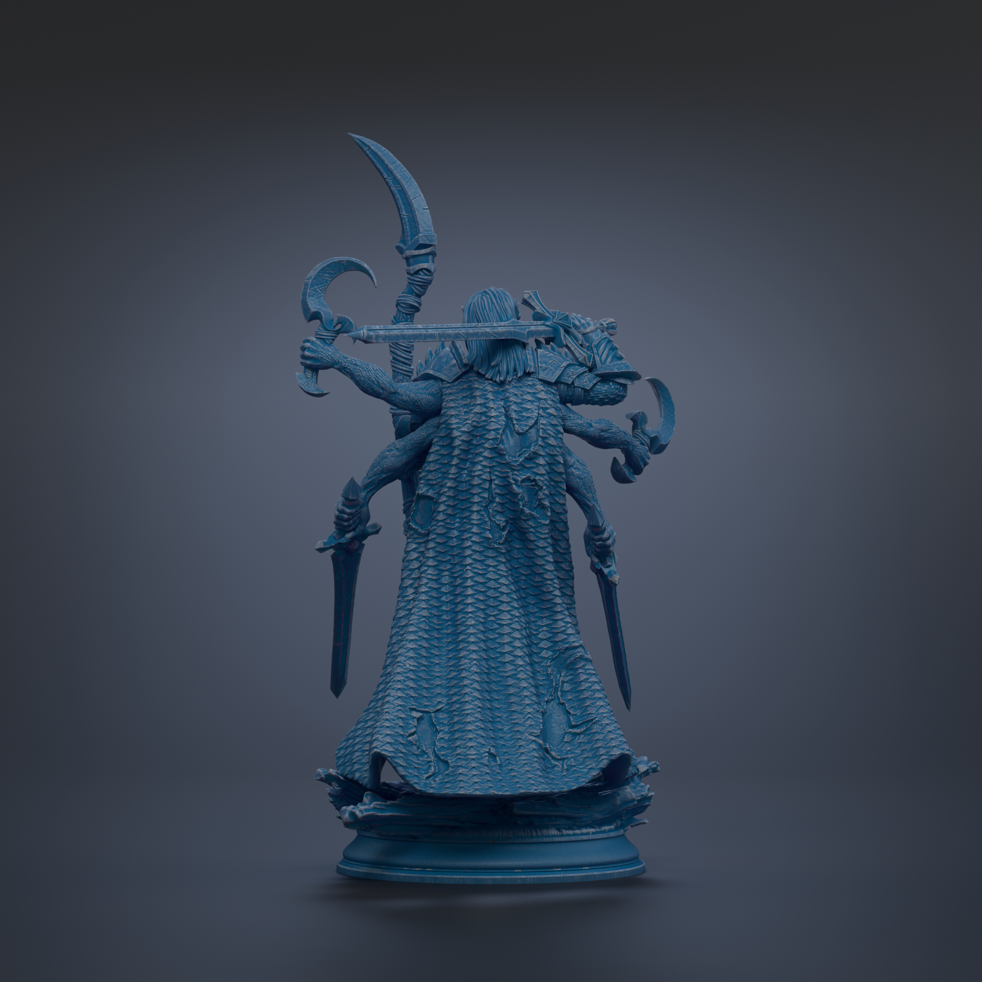 A blue, 3D-rendered statue of a figure with multiple arms and weapons, standing on a pedestal against a dark background.