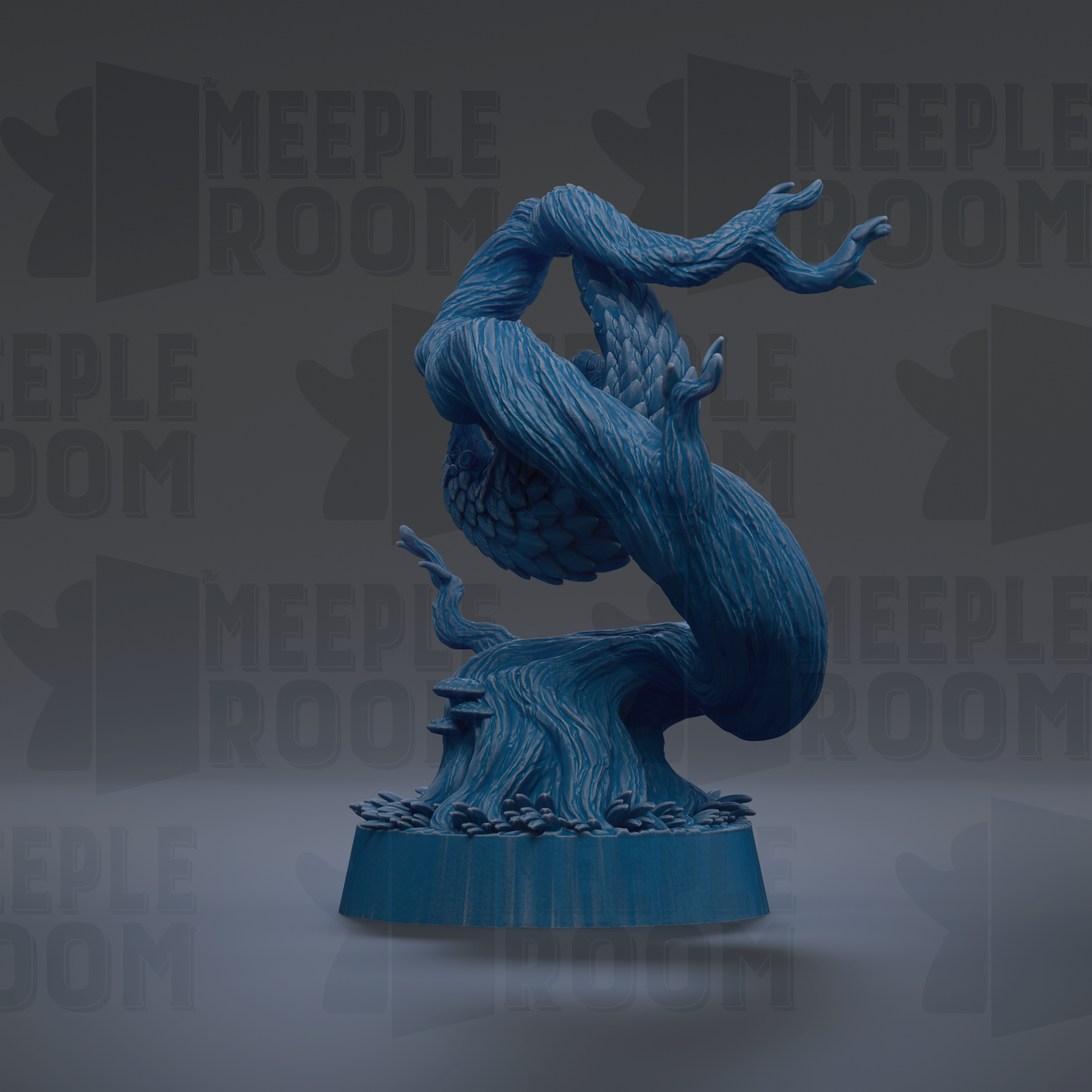 A blue, abstract sculpture resembling a twisted tree or plant with a textured, organic appearance.