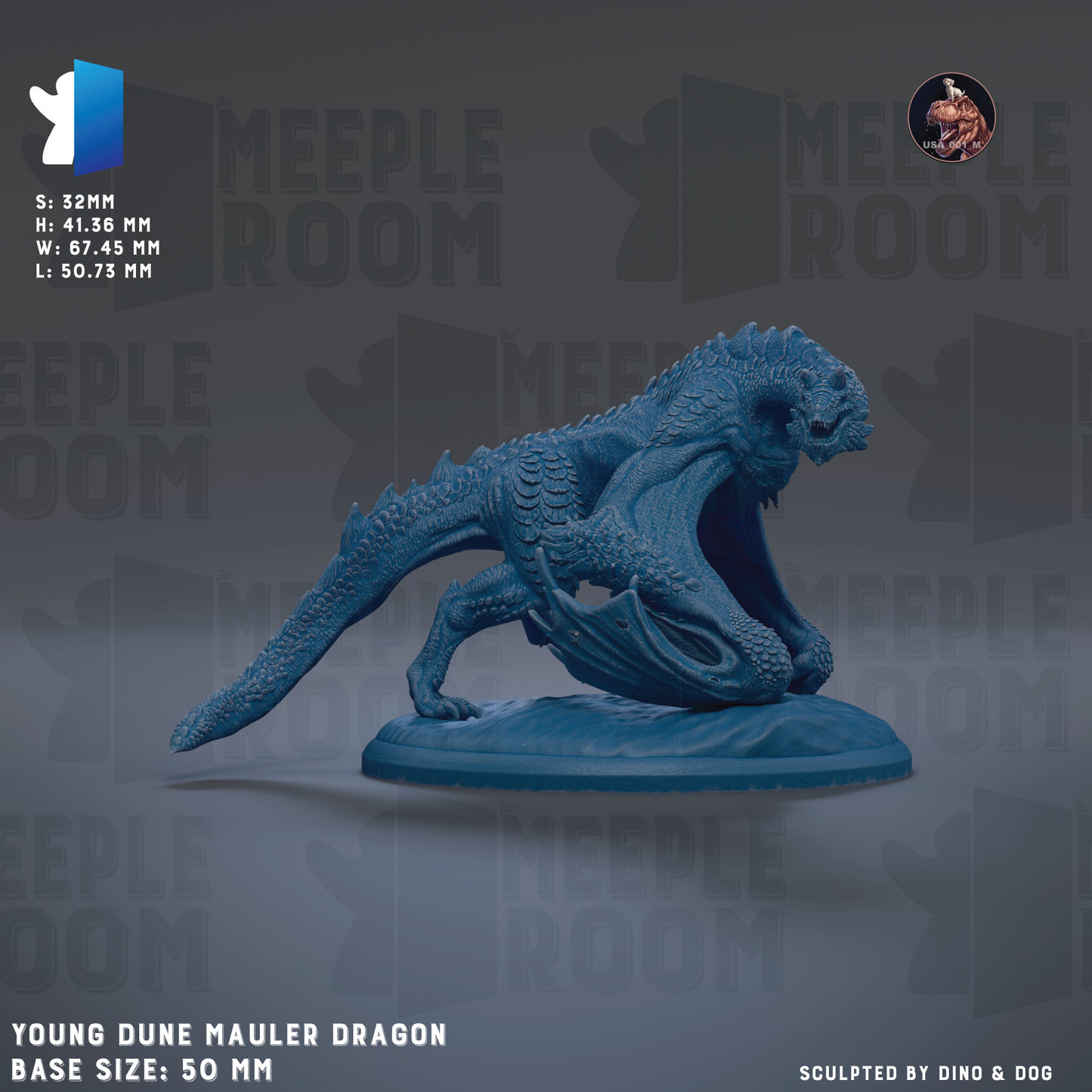 a large, detailed, and realistic-looking blue sculpture of a young dune maler dragon. The dragon is depicted in a dynamic pose, with its mouth open and claws extended, giving it a lifelike appearance. The sculpture is set against a gray background, which contrasts with the vibrant blue color of the dragon. The image is described as a "collage of multiple images" and includes the text "YOUNG DUNE MAULER DRAGON BASE SIZES 50 MM" and "SOLUTED BY DINO & DOG".