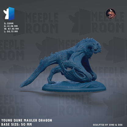 a large, detailed, and realistic-looking blue sculpture of a young dune maler dragon. The dragon is depicted in a dynamic pose, with its mouth open and claws extended, giving it a lifelike appearance. The sculpture is set against a gray background, which contrasts with the vibrant blue color of the dragon. The image is described as a "collage of multiple images" and includes the text "YOUNG DUNE MAULER DRAGON BASE SIZES 50 MM" and "SOLUTED BY DINO & DOG".