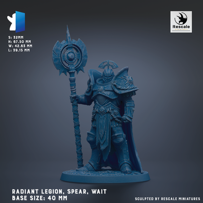 a warrior figure, specifically a radiant legion, spear, and wait, standing in a fighting stance. The warrior is wearing a helmet and armor, and is holding a spear in one hand and a shield in the other. The base sizes of the warrior are 40 mm.