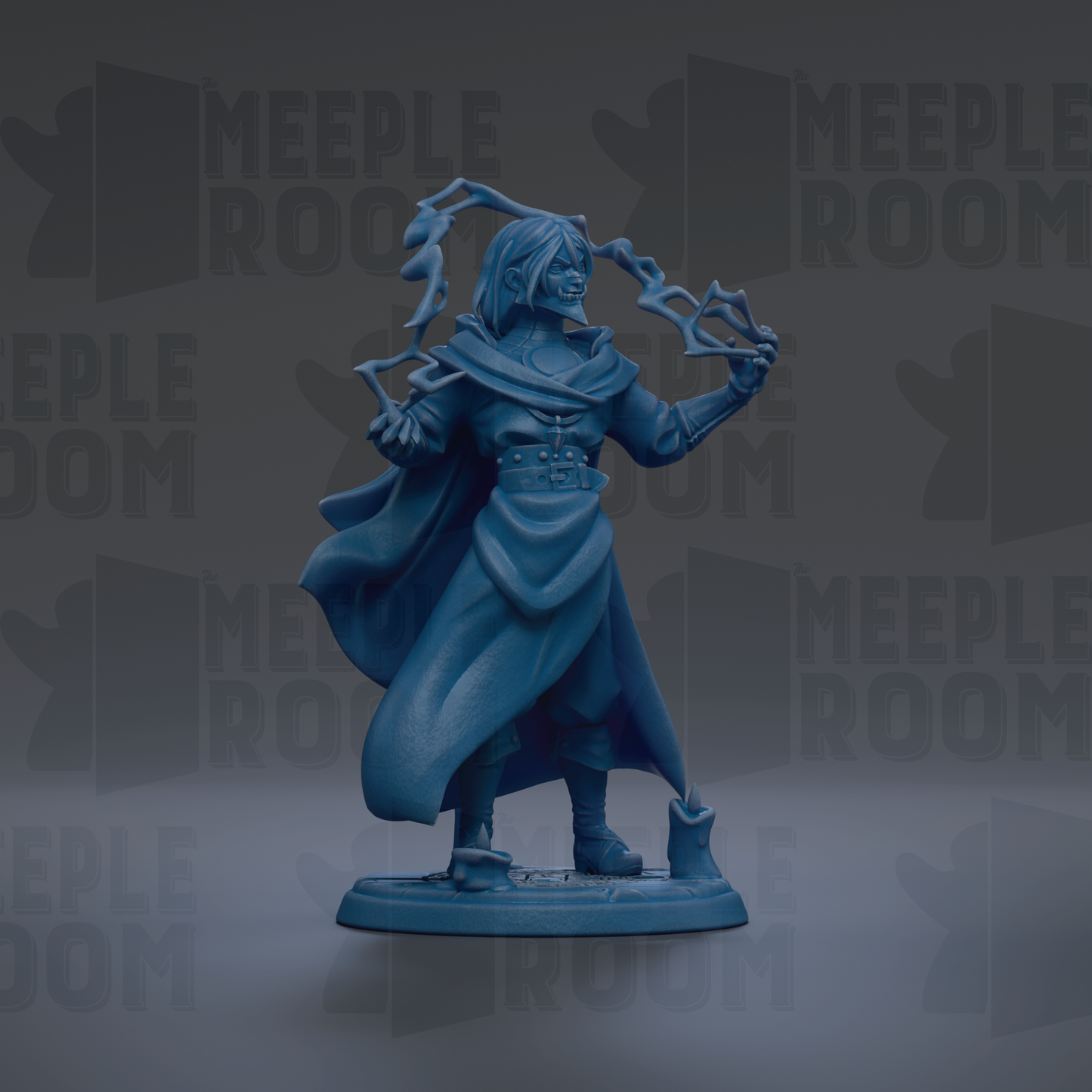 A figurine of a person with a cape and a serious expression, standing in a dark setting.