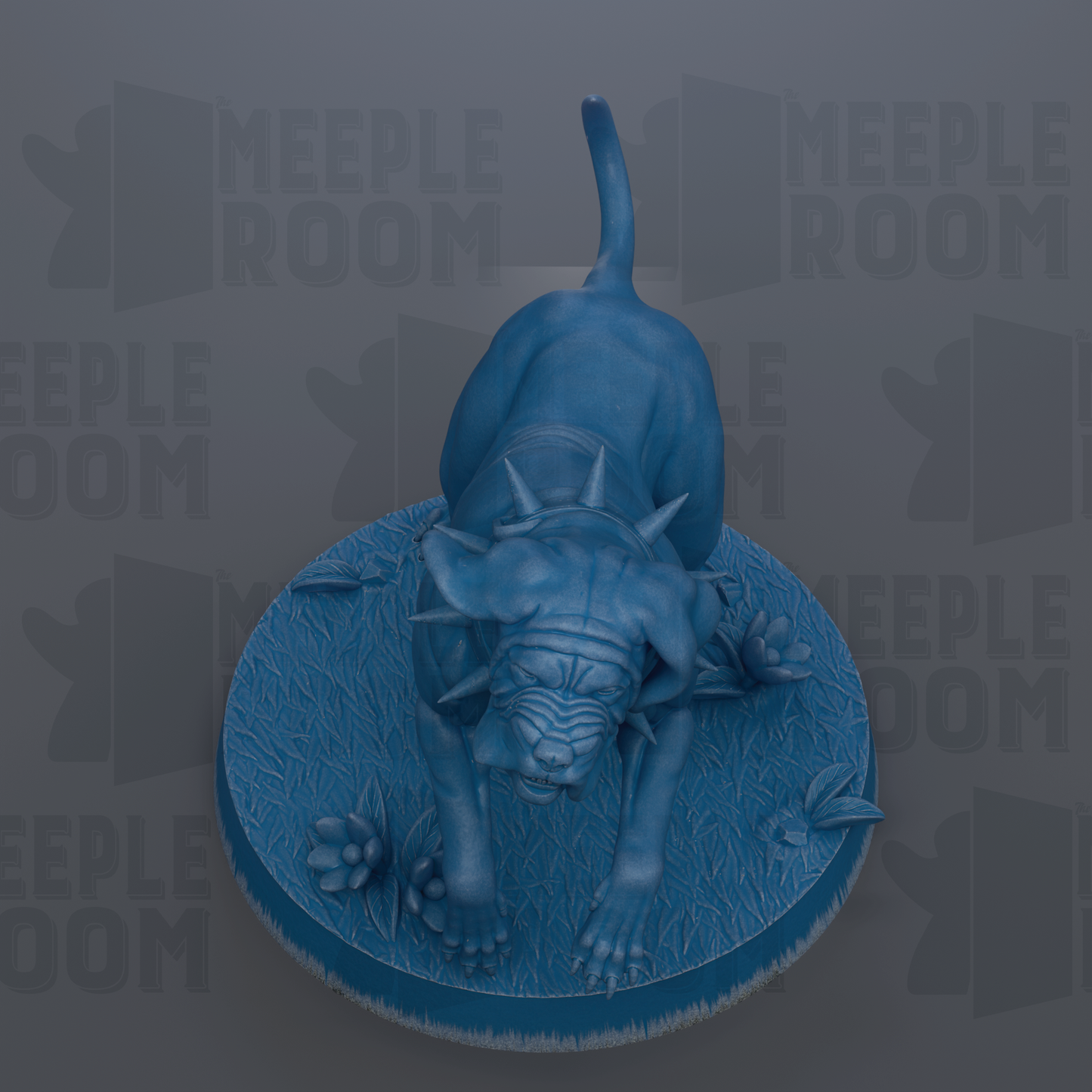 A blue, spiky dog statue is sitting on a blue base with flowers, against a gray background with repeated "MEIPLE ROOM" text.