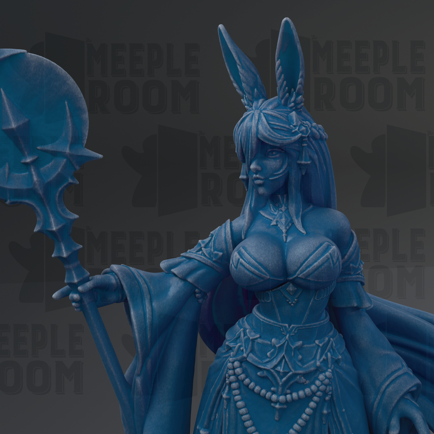 A blue fantasy female character with long hair and a flowing robe, holding a staff and wearing a headdress, is depicted in the image.
