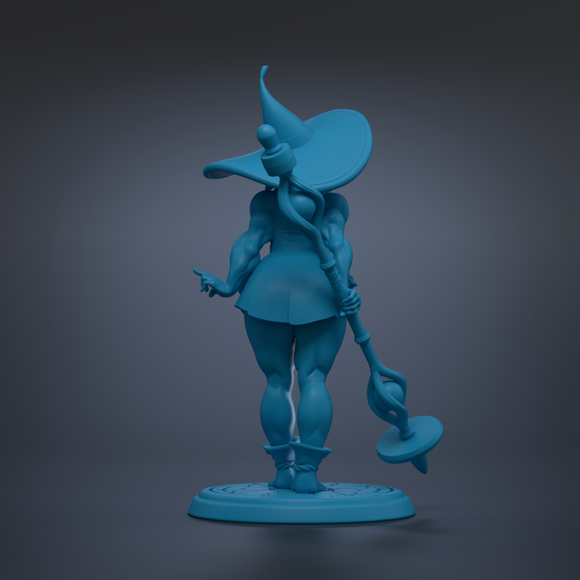 A blue 3D model of a female character wearing a pointed hat and holding a staff, standing on a platform.