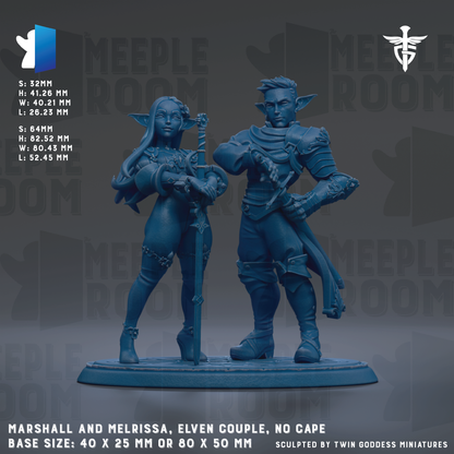 two figurines of a male and female character, likely representing a male and female couple, with the male character holding a sword and the female character holding a shield. The figurines are set against a dark background, and the image includes text providing information about the figurines, such as their base size and dimensions.