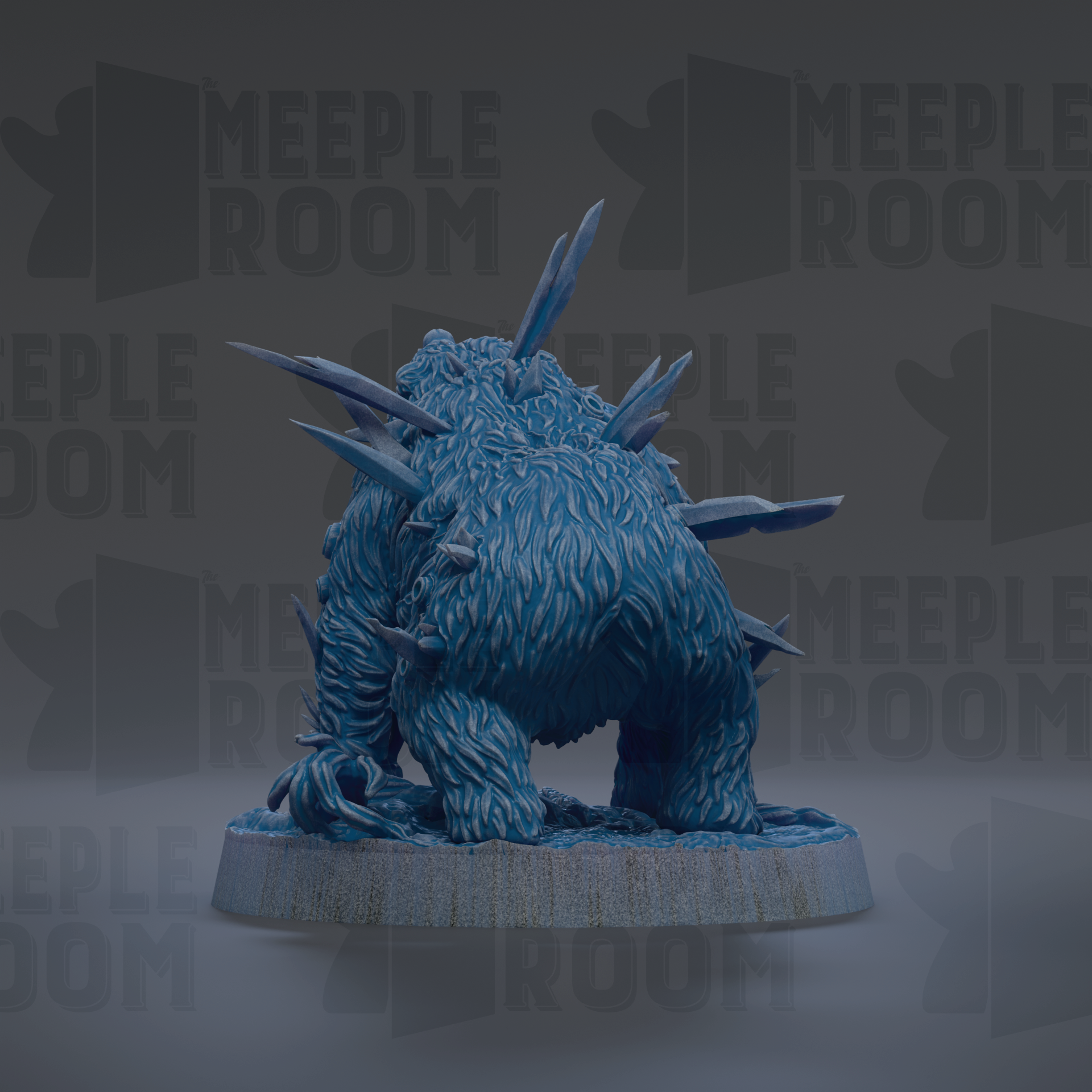 A 3D rendering of a blue, furry creature with sharp spikes protruding from its body, sitting on a base.