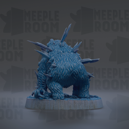 A 3D rendering of a blue, furry creature with sharp spikes protruding from its body, sitting on a base.